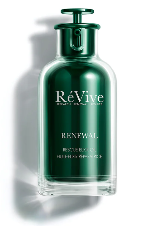 Green bottle of RéVive Renewal Rescue Elixir Oil on a white background